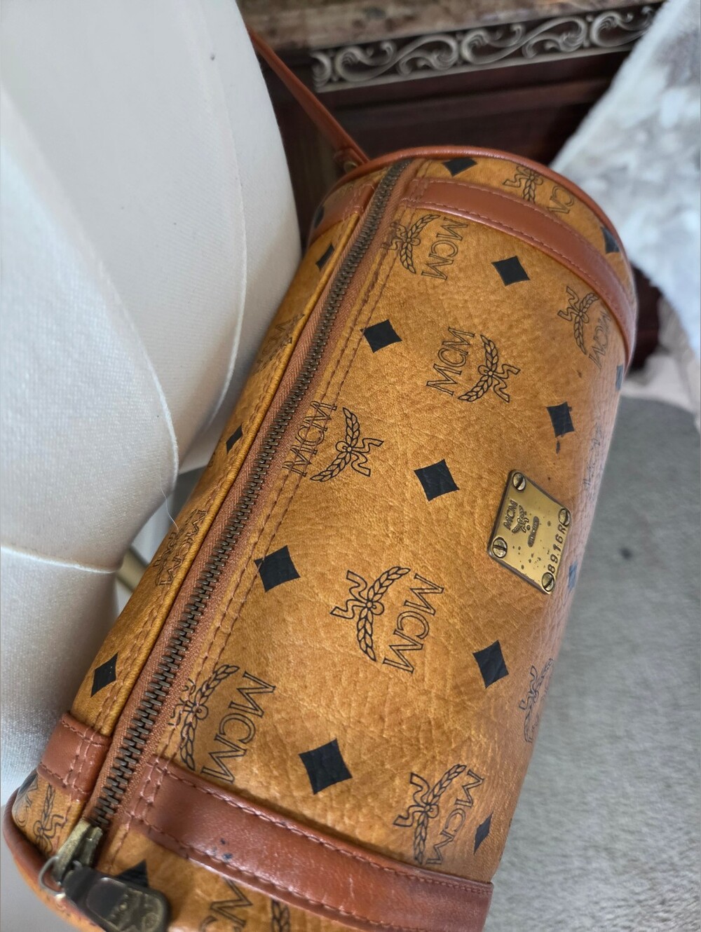 MCM Cognac Monogram Barrel Crossbody Bag - Picture 7 of 13